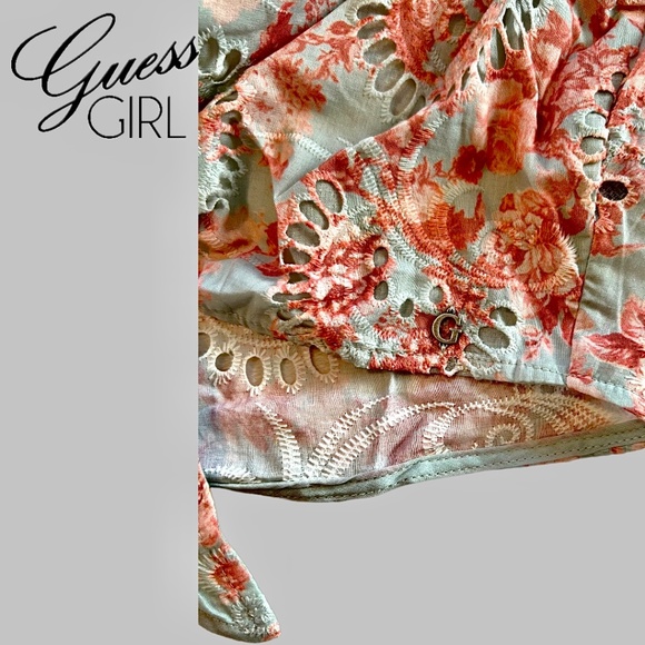 NWT GUESS Silvia Tie-Front Puff Sleeve Embroidered Eyelet Cotton Crop Top/XL - Picture 10 of 16